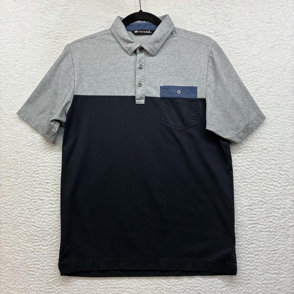 TravisMathew Polo Shirt Mens Small Blue Gray Colorblock Pocket Golf Pima Cotton